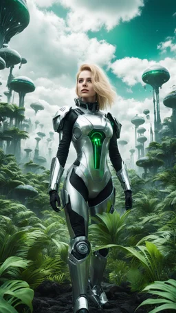 Wide angle photo of a sci-fi woman with blond hair, silver and black futuristic spacesuit looking android-like, standing on an alien jungle planet with cloud trees in multiple green hues