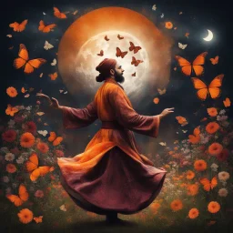 Hyper Realistic Sufi Whirling with Orange & Maroon Islamic Sufi Rustic Grungy in a beautiful flower garden at dark night with butterflies & starts on sky