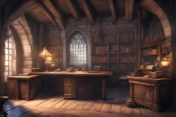 fantasy medieval study room with a front desk