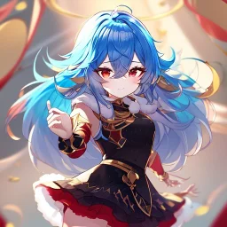 Clear focus, High resolution, rough line art, cute, cartoon, medium blue hair, hair between eyes, fluffy hair, red eyes, super cool outfit with a split skirt, black red and gold color scheme, wearing a short skirt