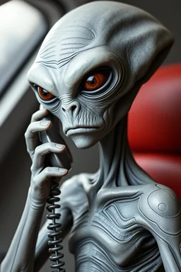 lifelike grey alien angrily talking on the phone