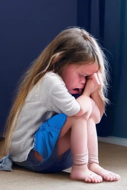 Little girl sitting in a corner with her head between her legs crying