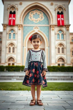 a 7years old girl that is standing in front of a building, a picture, arabesque, !8k!, azeri, insanely cute, amazing cgi, turkish, adorable outfit