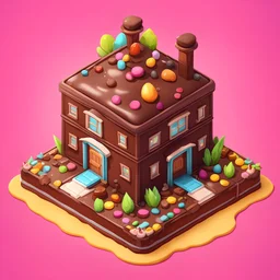 chocolate cake into cartoonist house style model isometric top view for mobile game bright colors, color render hyper, lovely , surreal