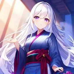 girl, masterpiece, best quality, volumetric lighting, detailed outfit, perfect eyes, white hair, purple eyes, long hair, kimono,