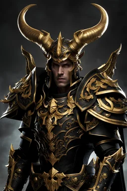 a character from the Warhammer 40, 000 universe, wearing a gold and black armor. The character has a demonic appearance, with horns and a menacing expression. also wearing a necklace, adding to the overall intricate and detailed design of the character. The scene is set against a dark background, which further emphasizes the character's imposing presence.