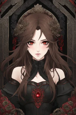 A confident looking young woman with pale skin and long brown hair in a dark fantasy setting with intricate details. She is wearing black and read leather, has red eyes, an air of malevolent power surrounds her. Anime style. High definition.