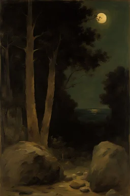 Night, trees, rocks, mountains, ernest welvaert and alfred stevens impressionism paintings