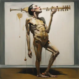 Surreal human flesh-like intricate musical instruments,minimalism,painting by Adrian Ghenie,Lucian Freud,Rene Magritte,Salvador Dali,Pablo Picasso,Michelangelo,Leonardo Da Vinci,golden Human Body Lying Above the Head Leg Elongation Minimalism, Gagosian Gallery MOMA Exhibition Front Side Sexual Awareness Body Shadow Fascination with Injury Tear Melancholy Alienation Suspension Alienation Dreamland Leg Extension Pole Minimalism base cross-section simple shape