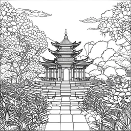 beautiful Garden temple, minimalistic, minimal black line art, unique coloring sheet, outlined, outline, crisp, crisp lines, crisp clear lines, line art, clean line art, unique, 8k, amazing, realistic, masterpiece, no colors, no dark color, no black color, avoid thick black, minimalistic line edges, white back ground color,
