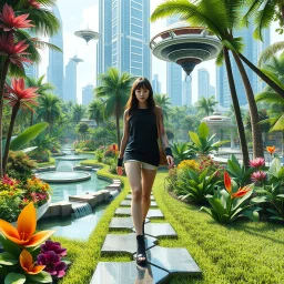 Highly detailed and intricate 3D fractal recursive art, featuring a single young woman/girl wearing fashionable modern clothing, walking directly towards the camera through a lush, futuristic villa garden. The garden is part of a larger technologically-advanced city, with towering skyscrapers and floating vehicles visible in the background. The garden itself is a verdant oasis, with exotic flora, flowing water features, and a seamless integration of natural and artificial elements. Holographic