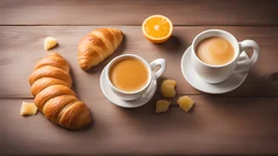 hot coffee and two croissants and orange juice on a wooden table background, selective approach.