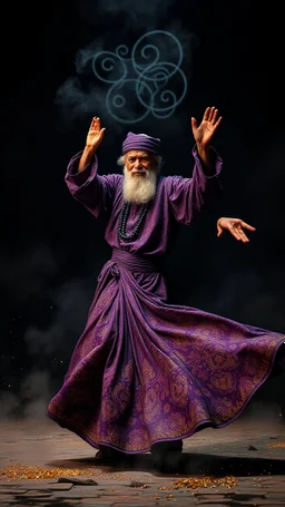 Hyper Realistic Old Male Sufi Whirling with Black, & Purple Islamic Sufi Rustic Grunge Background with golden sparkles & fog around at night.