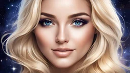 beautiful woman face, where the iris of the eye as the gateway to the universe, happy and smilling, the pupil containing the stars, blond traight hair