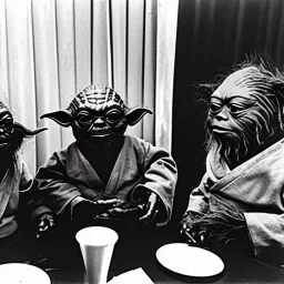 Creepy old photo of star wars Yoda and ewok type people sitting at dinner with scared children