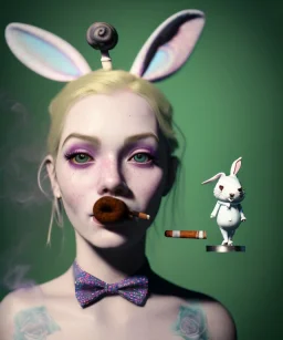 Ultra realistic portrait, wonderland party club, wide-angle lens, couple, cinematic, happy blonde woman smoking a pipe, accompanied by elegant anthropomorphic white rabbit, circus dress style, old school tattoo, laughter, smoke, marijuana and mushrooms background, glow eyes, perfect iris, soft color, highly detailed, unreal engine 5, ray tracing, RTX, lumen lighting, ultra detail, volumetric lighting, high definition.