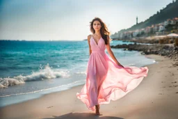 long shot, beautiful Turkish girl with nice blue eyes wearing a pink - blue dress walks in shore toward camera , sharp focus whole wiew,F :22, natural light, vertical composition, relaxed and natural, fresh and comfortable ,in seaside there are luxury beach hotels.