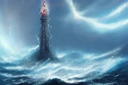 a delicate sparkling diamond fantasy tower splashes upwards from a turbulent ocean, dramatic lighting, rich colors, sunlight shimmering off the tower and the water and the spray, beautiful oil painting trending on artstation