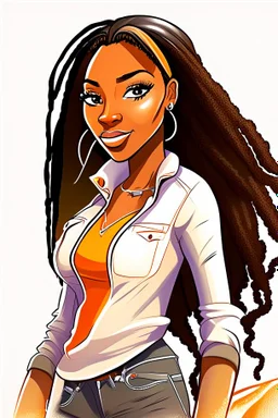 Create a digital airbrush cartoon of a curvy African American female wearing tight white jeans and a off the shoulder orange blouse. She is also wearing timberland boots. Prominent make up with hazel eyes. Highly detailed very long extremely dread locs black hair. Her skin is smooth and silky. Background of a track of ATV riders.