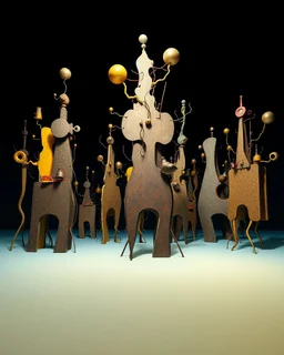 Fotografia di una superficie piatta di colore azzurro chiaro e giallo pastello, su cui si ergono enormi surreali strutture di forma astratta e surreale, di metallo, di colori vari, forti contrasti. Buio. Joan Miró odd style. Strong 3d deep field. Oscurità, paranoic, obsessive, homologic, phobic, nightmare, notte, glossy, hasselblad h6d400c --ar 85:128 --v 6.