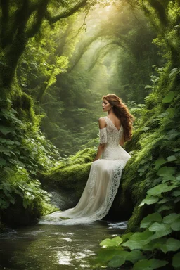 For where weary nymph once rested, now a vision lies that puts the dawn's blush to shame. Fiona lounges 'mid glades of greenery and bronze, clad in whispers of silk that beg exploration's hand. Lace trails o'er curves lithe as ivy stems, blessing glimpses of fruits no tongue dare name. And oh, those locks - like streams of smoothest onyx they pool, spilling from braids wrought fierce as heather brawling 'gainst the stone. Wild contrasts to the blooms now bared where shadow plays, sweetly tauntin