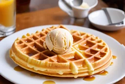 A fresh golden waffle drizzled with maple syrup served with a scoop of kellys ice cream.