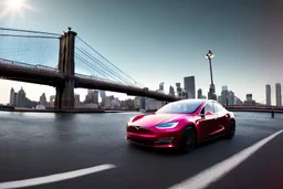 A Tesla's 'Model S' is drifting at top speed, on the 'Brooklyn Bridge' in New York. CINEMATIC. WIDE ANGLE LENS. PHOTO REAL.