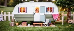doll house with doll camping wagon