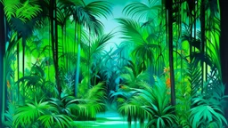 mirrors presenting a mystical constellation of fluid forms, gracefully nestled among dense tropical palm trees with bright green fronds, vibrant color palette