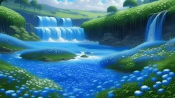 une image réaliste, une cascade, un champs de fleurs bleues