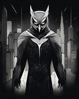 Owlman linear gráfica, black and white color fondo ciudad