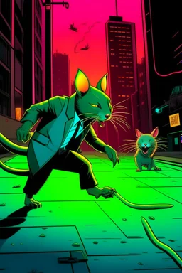 Cómic de un Gato cyberpunk persiguiendo tres ratas vestidas con corbata