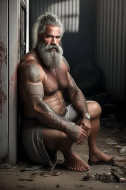 full figure shot frontal photography of a 58 year old dirty burly beefy gipsy carpenter wet sweat , tattoo, bullneck, long curly white beard , dreadlocks, manly chest, short white boxer, bulge, under the sun, sitting in the garbage outside an abandoned warehouse, misery and poverty, open legs, photorealistic, look at camera, very detailed , view from the ground , ambient occlusion