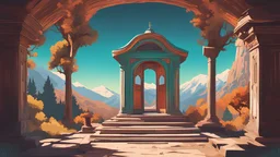 Vector. زیارتگاه کوچک. پرچم سبز. inside Little shrine. Iran. 2D animated. 1900 AD. Digital painting, inside. Minimal. Mountain. .شیخ. مکتب نقشبندی. Iran. ایران. کردستان. Naqshbandi. Monastery. Kurdistan. Stone house school. Students of jurisprudences. Old home school.