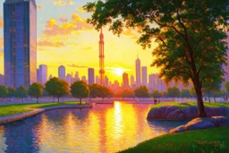 sunset, buildings, lake, rocks, city, park, trees, cyberpunk, sci-fi, claude monet impressionism paintings