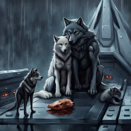 digital art front in picture an of little dark dog like creature stands and looking an anthropomorphic wolf couple sitting on the spaceship's ramp close together, the pale gray female wolf sits behind strong male wolf and puts one paw on the dark gray wolfman's shoulder, raini day, on ramp a little piece of meat lies down, high contrast, high detalied, high realistic, in background detail of an angular spaceship. Rain, The atmosphere is a seamless blend of sci-fi, dark fantasy