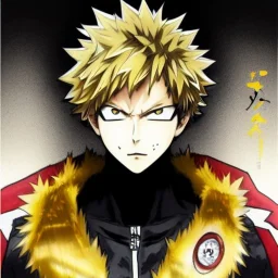 Detailed anime portrait of bakugo from my hero academia, gold hair and golden eyes, black suit, intricate details, full body portrait, keep head in frame, slight smile, black Japanese motif, concept art, highly detailed, digital painting, concept art, sharp focus, illustration, art by Yoji Shinkawa, WLOP and greg rutkowski and alphonse mucha and artgerm and yanjun Chen and Junji ito and Makoto Shinkai, HDR, octane render