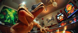 pinhole cam, master oil painting by Rembrandt, good afternoon bitch scary geek gecko dragon turtle, playing pinball