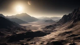 Mountainous landscape on the moon Titan, dramatic sunlight, chiaroscuro, beautiful composition