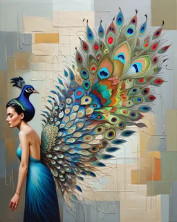 Minimalist abstract artwork in mixed media, depicting a woman with wings like a peacock's fanned plume, radiating as a colorful aura. Contemporary, minimalistic, and surreal, conveying enlightenment, discovery, and exhilaration. Influenced by Jacek Yerka and Richard Burlet, with subtle textures and a sophisticated palette of muted neutrals, deep blues, and striking red accents. Visionary and esoteric, with an emotional, mystical quality.