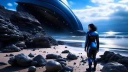 A woman in a catsuit standing on a beach of a rocky crystal-covered landscape with a crashed spaceship in the distance