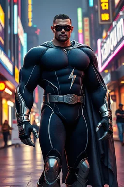 A giant, muscular man with extra-short, crew cut, black hair, blue eyes, short, trimmed goatee, standing stoically on the street in the neon lit, futuristic City of Xanadu prime, wearing a long-sleeved, highly textured, black body suit with gray piping that forms to his muscular frame, he has a silver lightning belt, silver wrist gauntlets, silver, knee-high boots, gray cape, he has the symbol of Xanadu Prime on his chest, and a thin black leather bandit eye mask