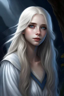 A young innocent-looking Lord Of The Rings like woman with long white hair and bangs, reminiscent of moonlight. Her blue eyes radiate purity and kindness.