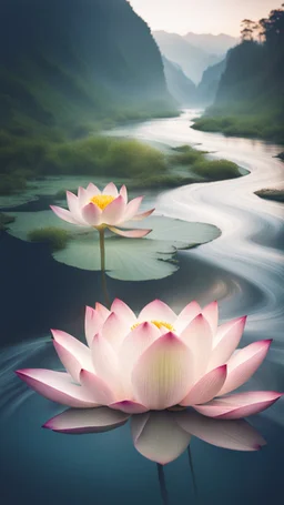 Double exposure of a lotus flower and a flowing river, stunning