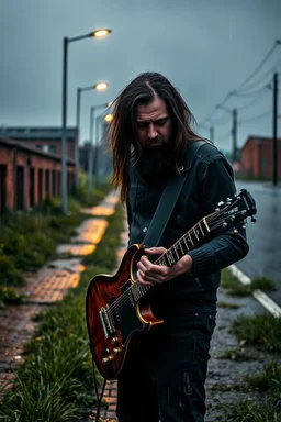 a very disappointed member with guitar case, dark long hair and beard of a death hard rock band who has been kicked out of a rehearsal space in Sweden, old factories style with bricks, deserted place overgrown plants and grass, he stands outside in the rain and cries, street lamps shining, raindrops, wind, empty roads and cycle paths next to it, really bad weather