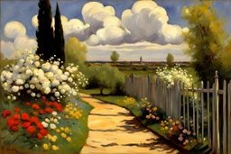 Clouds, spring trees, little pathway, fence, flowers, frederic bazille impressionisn painting