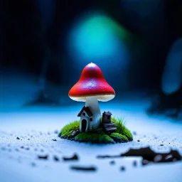 "Close up of a wonderful tiny Mushroom Tower home. indigo and red with bright white, deep black and contrasting tones of gray. Illuminated bioluminescent forest. Professional painter, master at composition. small but detailed. broken, blurred background, voluminous lighting"