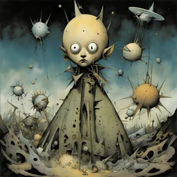the stranger who disrupted the nursery, by Yves Tanguy, by Grant Morrison, by Dave McKean, weird, surreal, color ink illustration, dark colors,