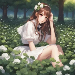 a girl in a white dress sitting in a field of clovers, cute anime girl portrait, beautiful anime portrait, realistic anime art style, realistic cute girl painting, portrait anime girl, smooth anime cg art, detailed portrait of anime girl, portrait of girl in flower field, realistic anime style at pixiv, cute anime waifu in a nice dress, realistic anime artstyle