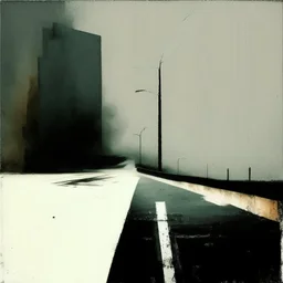 A desolate concrete road jwith steps to a bridge. In the style of Justin Mortimer and Phil Hale. Minimalist contemporary painting with rough brushstrokes.